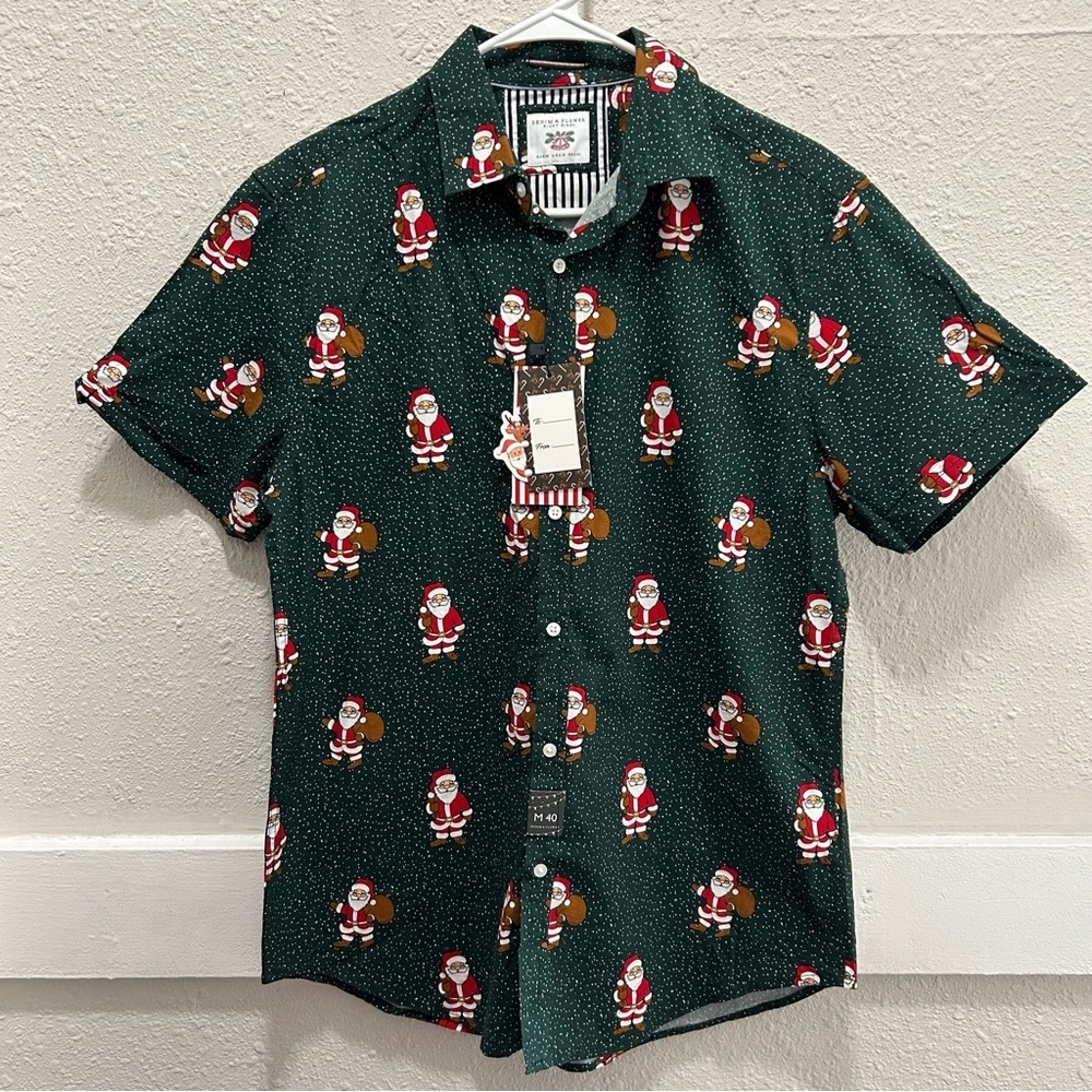 Denim & Flower Green with Santa Short Sleeve Christmas Button Down Shirt NWT M